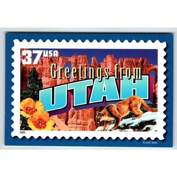 Greetings From Utah Large Letter Chrome Postcard USPS 2001 Mountain Lion Flowers - Picture 1 of 2